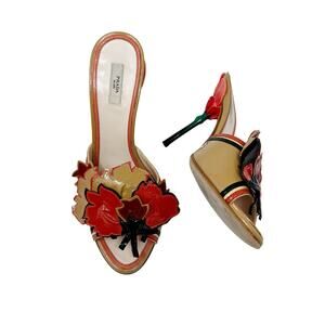 PRADA Red Tan Vintage Flower Heels Mules Spring 2008 Fairy Collection EU 37.5